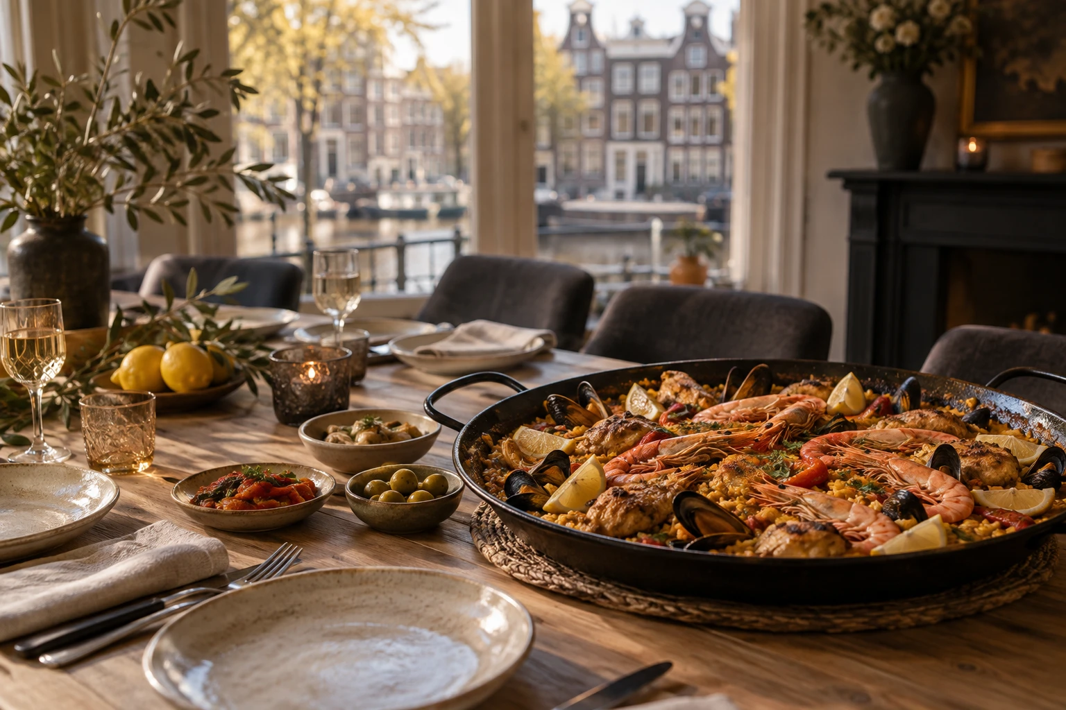 Een gedekte tafel met paella en tapas in een Amsterdams grachtenpand