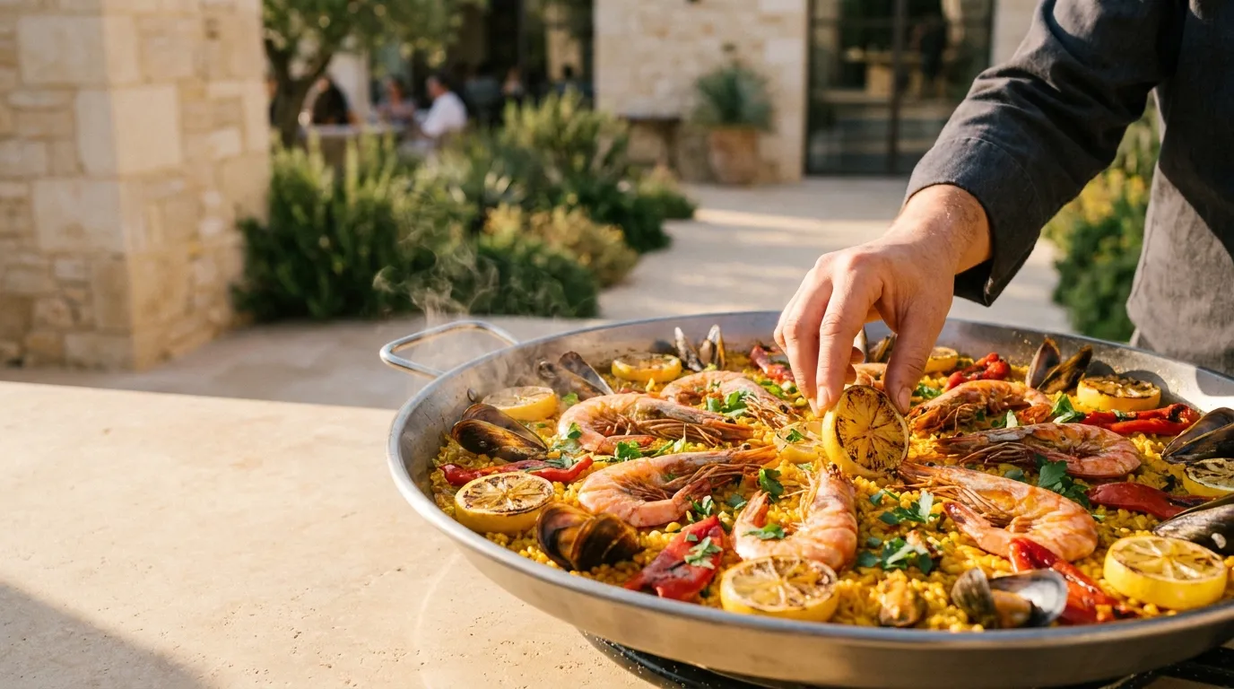 Een royale pan Spaanse paella, klaar om te delen